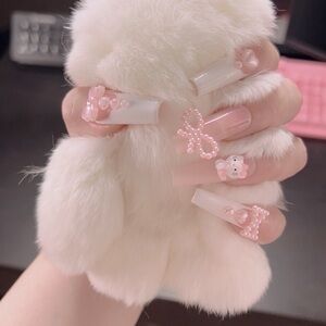 Chic Pink and White Press-On Nails with 3D Bows